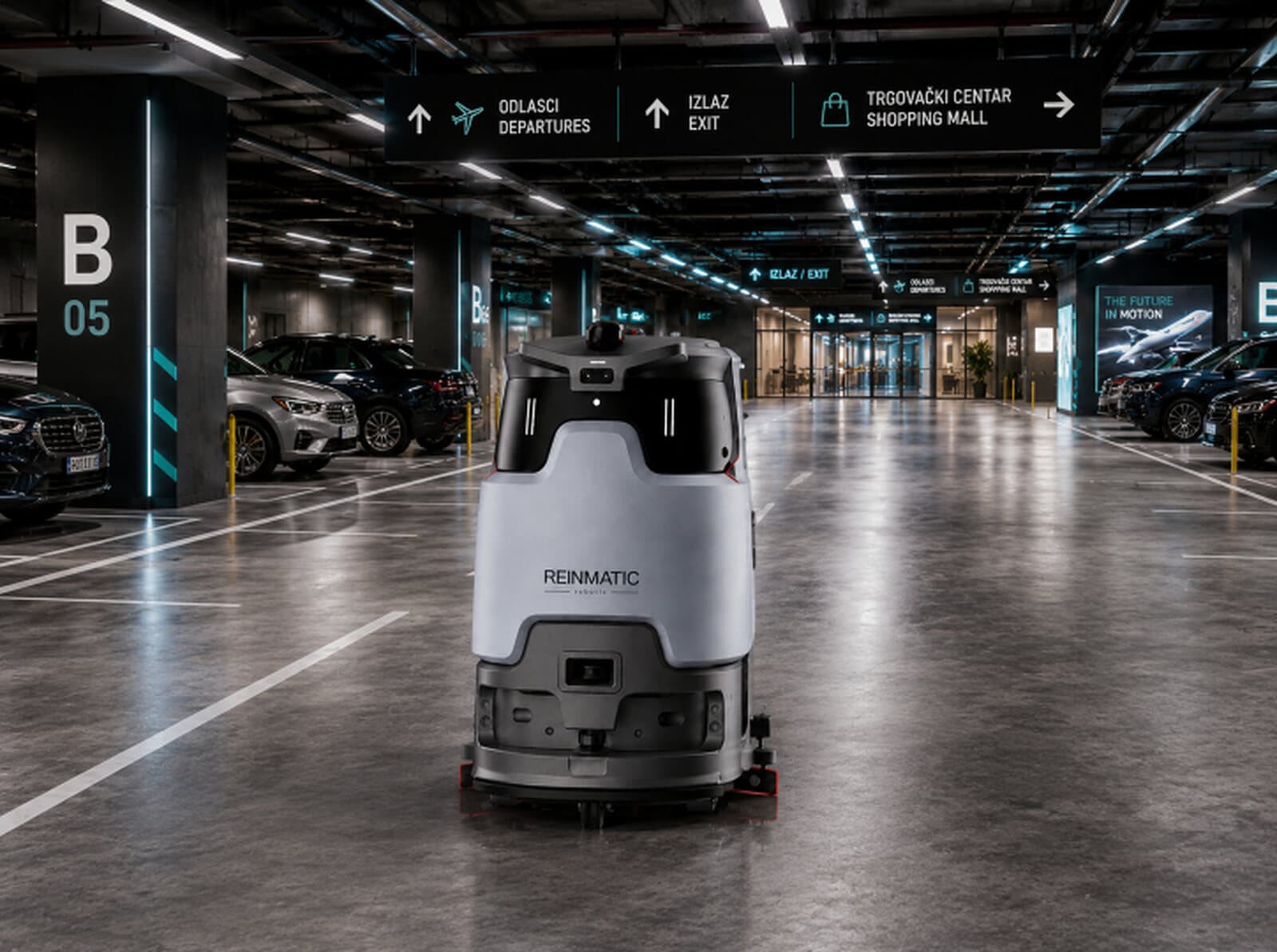 T3 Plus autonomous robot cleaning an underground parking garage between parked cars under artificial light