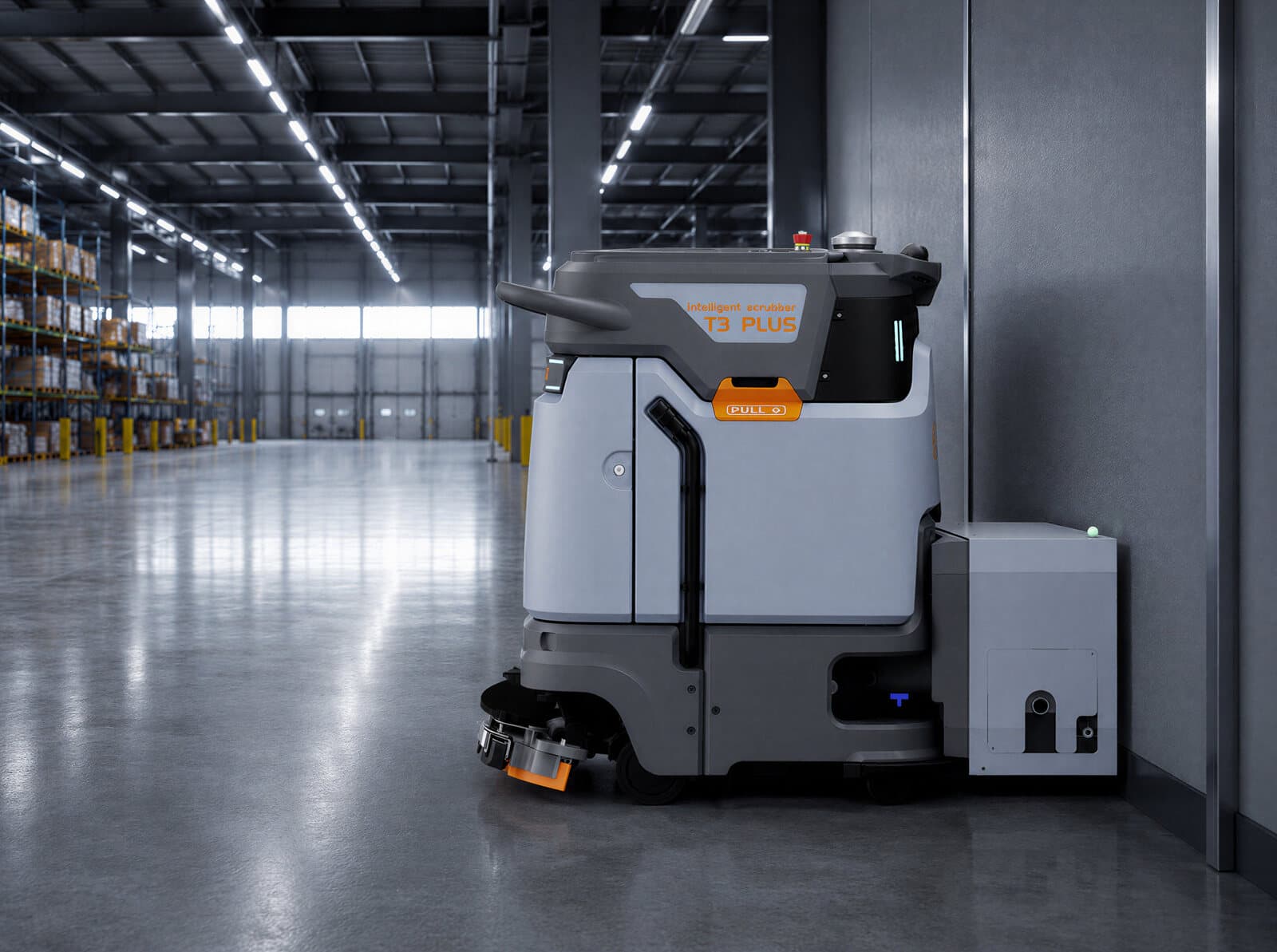 T3 Plus autonomous robot connected to its autonomous docking station in a warehouse while charging and refilling water