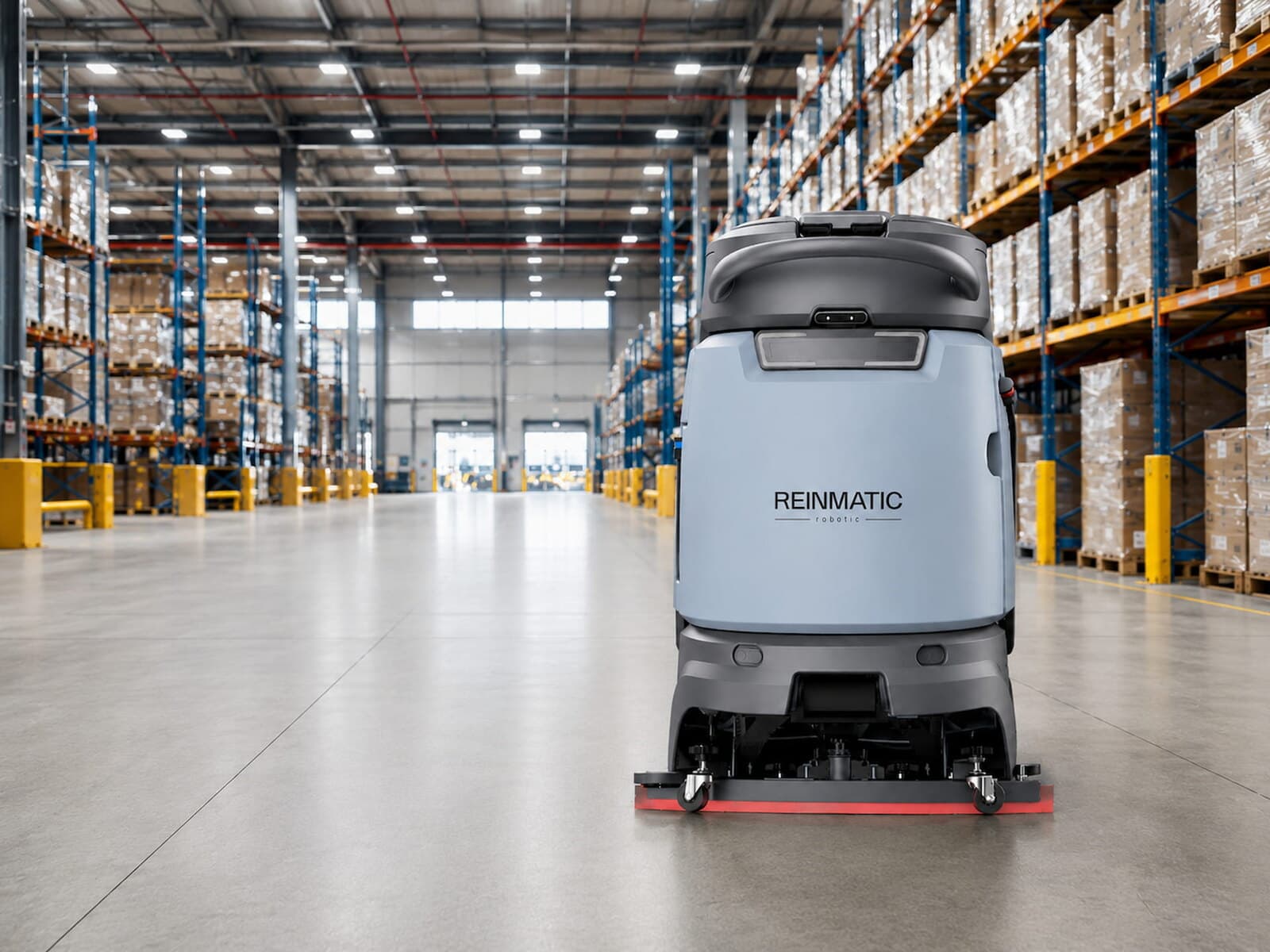 T3 Plus autonomous robot washing and drying a concrete floor in a warehouse main aisle between tall pallet racks
