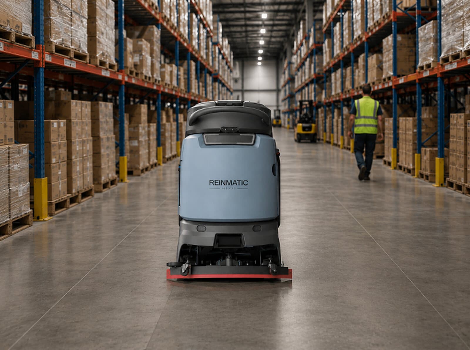 T3 Plus autonomous robot washing and drying a concrete floor in a warehouse main aisle between tall pallet racks