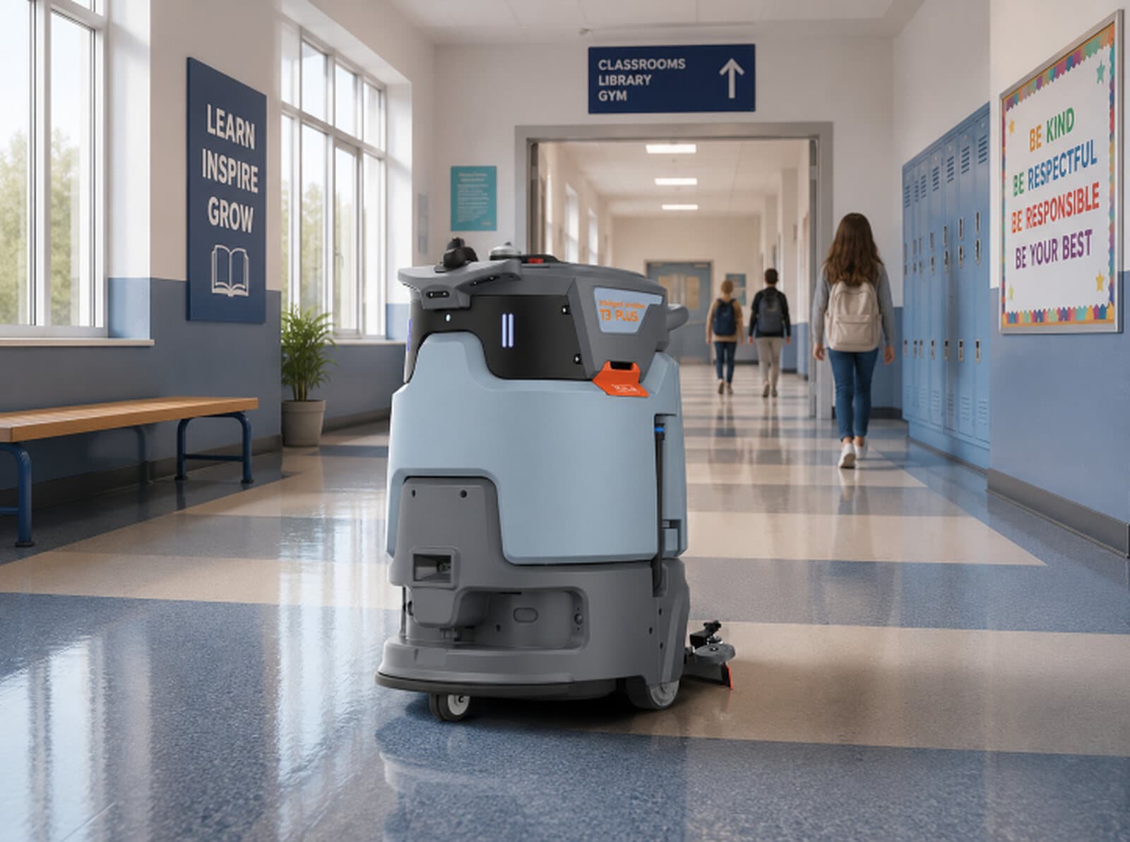 Reinmatic T3 Plus autonomous scrubber-dryer robot cleaning a school corridor past lockers and classroom doors